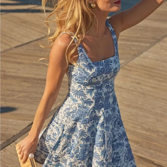 staud blue floral dress Staud Short Sleeve Wells Dress Blue Toile